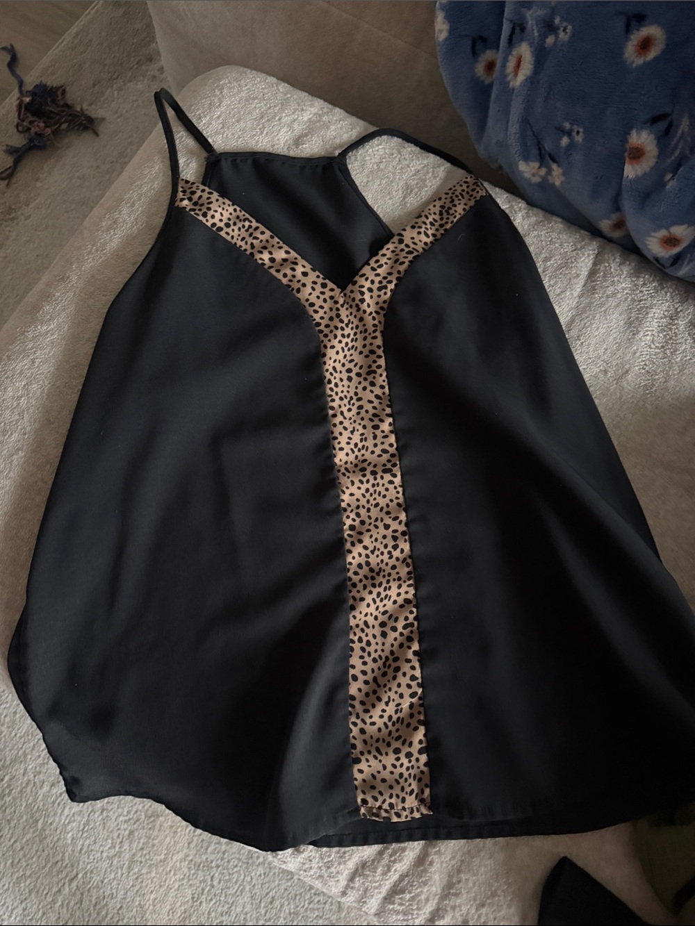 SHEIN Black Satin Cami with Leopard-Print Trim
